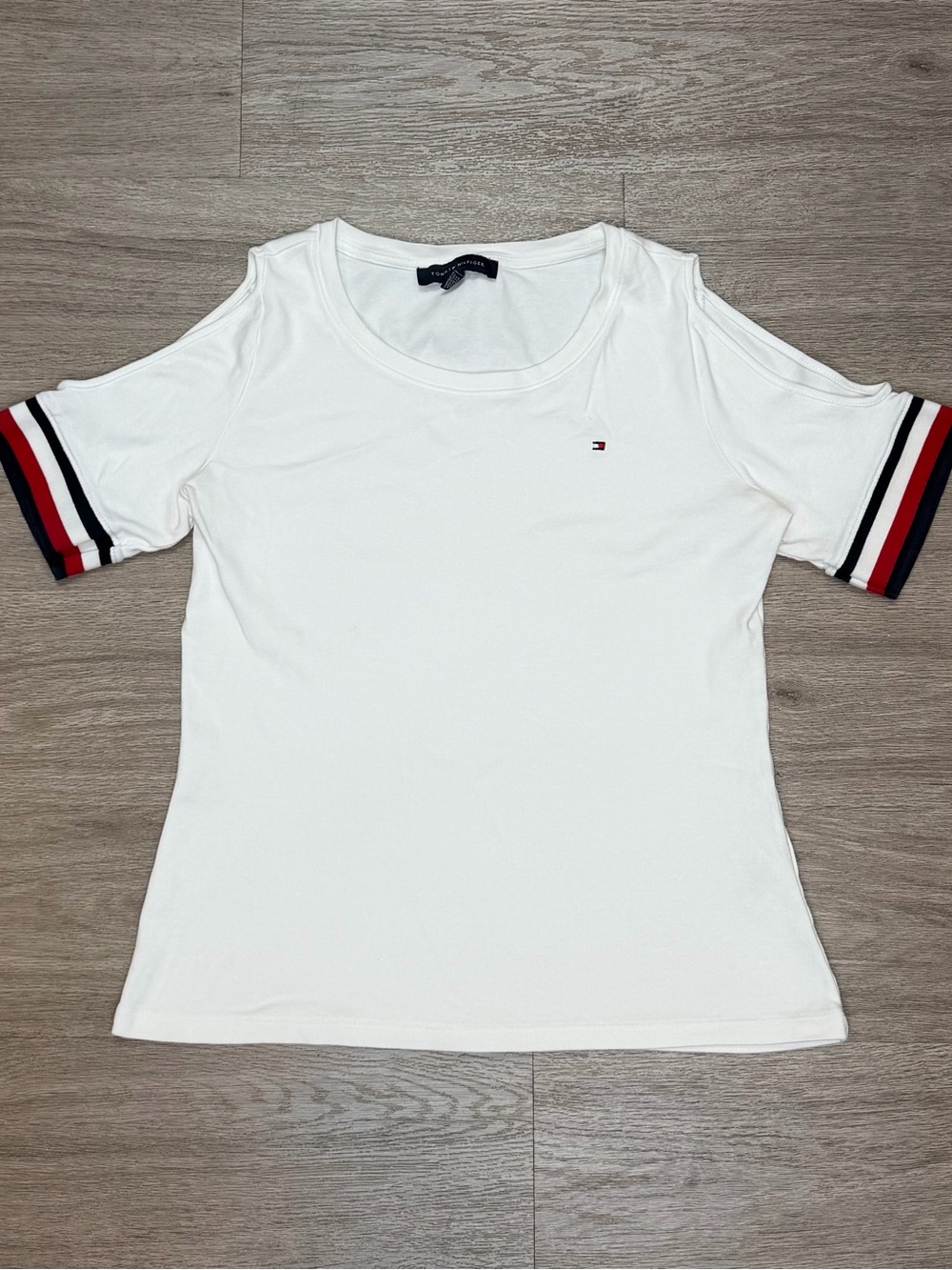 Tommy Hilfiger White Cold-Shoulder Tee with Red & Navy Stripe Trim